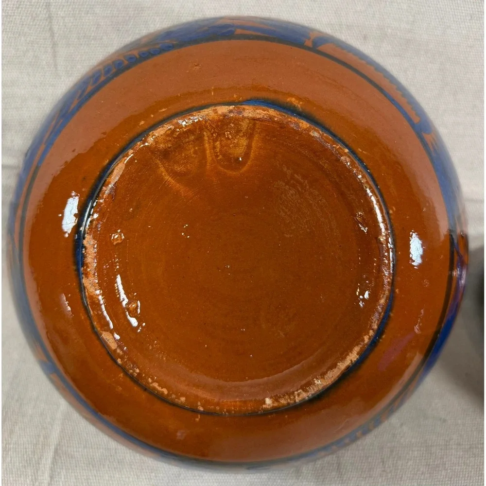 Vintage Handmade Mexican Tonala Pottery Nesting Bowls Set of 3 Terracotta Blue